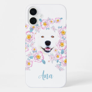犬サモエイとピンクの花カスタマイズ、名前 iPhone 16 PLUSケース