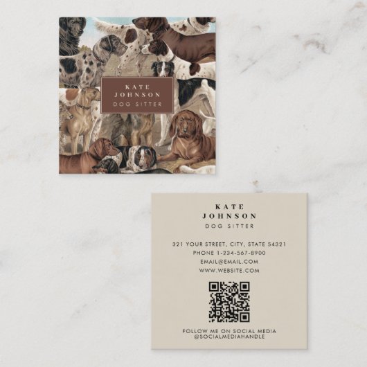 犬シッターのトレーナー気に動物犬QRコード スクエア名刺 (正面/裏面)