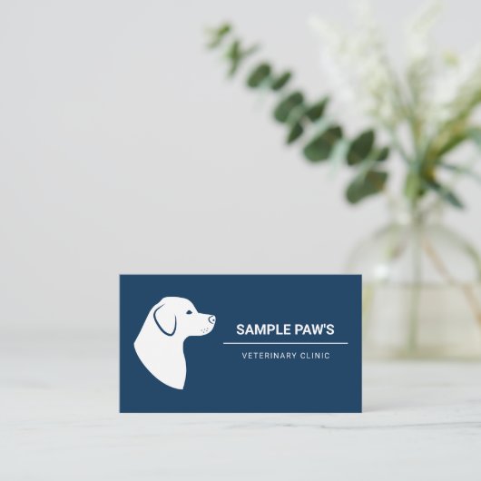 犬シルエットブルーと白ミニマル獣医 名刺 (スタンド正面)
