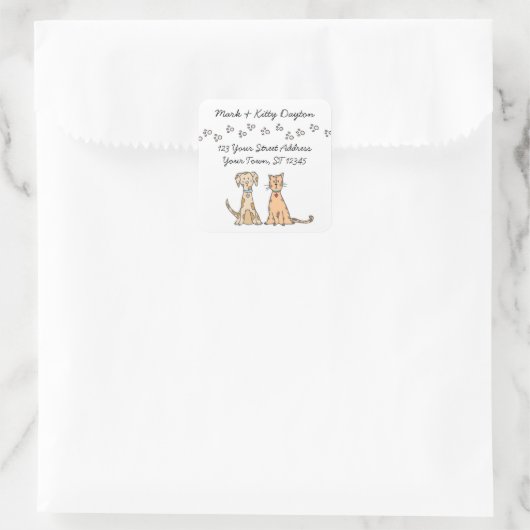 犬シンプルと猫と手のひら スクエアシール (バッグ)