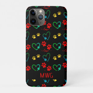 犬スタイリッシュの足のプリントと愛のハートモノグラム iPhone 11 PROケース