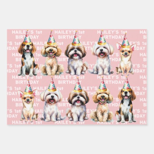 犬テーマ誕生日パーティーピンク ラッピングペーパーシート (正面)