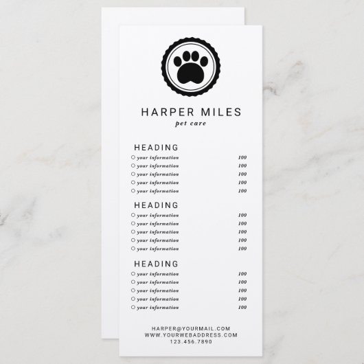 犬トリマーの手札価格表またはサービスカード 招待状 (正面/裏面)