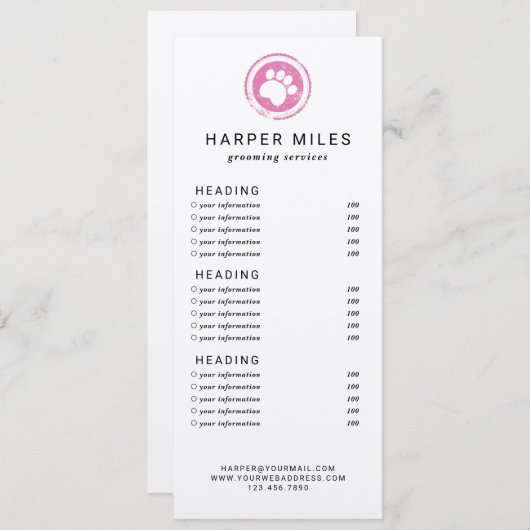 犬トリマーの手札価格表またはサービスカード 招待状 (正面/裏面)