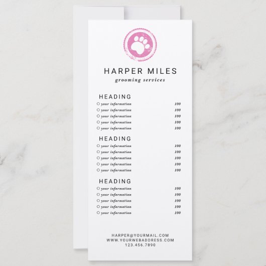 犬トリマーの手札価格表またはサービスカード 招待状 (正面)