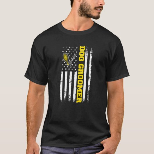 犬トリマー犬グルーミング犬ママ米国旗グロ Tシャツ (正面)