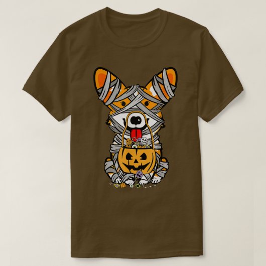 犬ハロウィーンの衣装ウェルシュコーギーミイラ・カボチャ Tシャツ (デザイン正面)