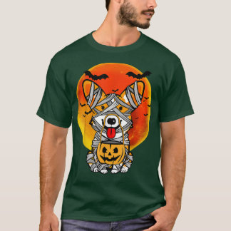 犬ハロウィーンの衣装ウェルシュコーギーミイラ・カボチャ Tシャツ