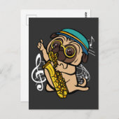 犬パグ サックスを演奏するミュージシャン ポストカード (正面/裏面)