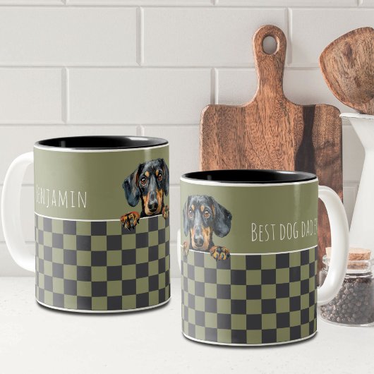 犬パパオリーブ市松模様にグレイダシュントカスタム ツートーンマグカップ