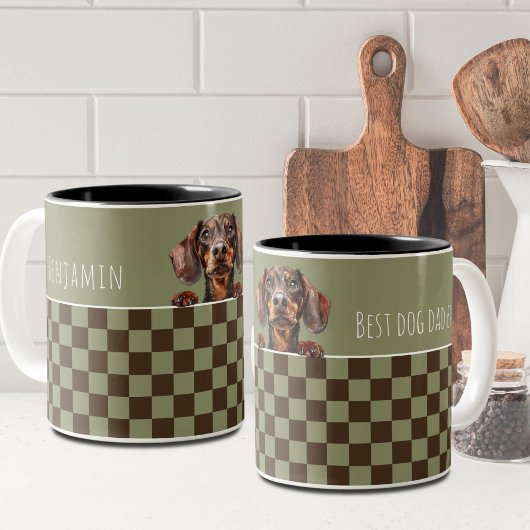 犬パパセージオリーブ市松模様にダッシュントカスタム ツートーンマグカップ