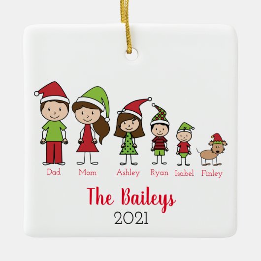 犬パーソナライズされたと家族のクリスマス セラミックオーナメント (正面)