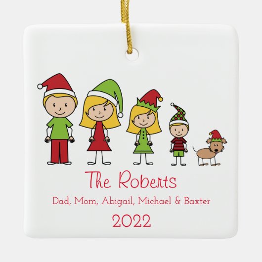 犬パーソナライズされたのクリスマスを持つ4の家族 セラミックオーナメント (正面)