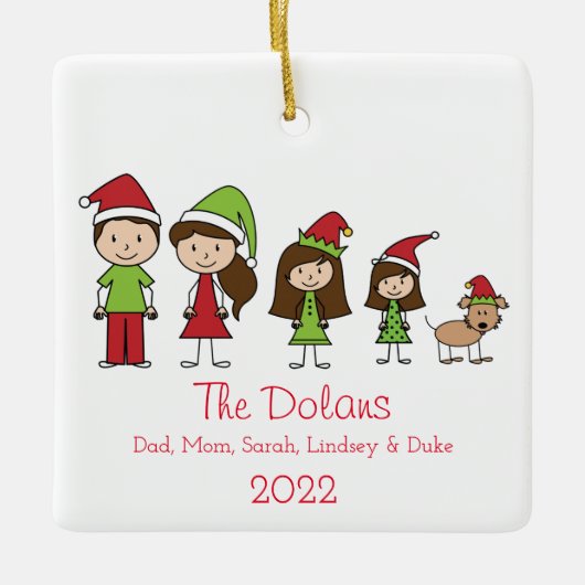 犬パーソナライズされたのクリスマスセラミックホーン付き家族 セラミックオーナメント (正面)