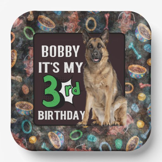 犬パーソナライズされたの3歳の誕生日パーティー紙プレート ペーパープレート (正面)