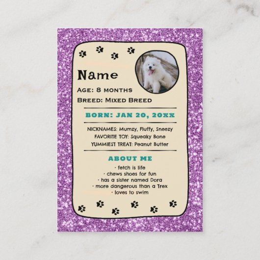 犬パーソナライズされたカードPETトレーディングカードテンプレート コーリングカード (裏面)