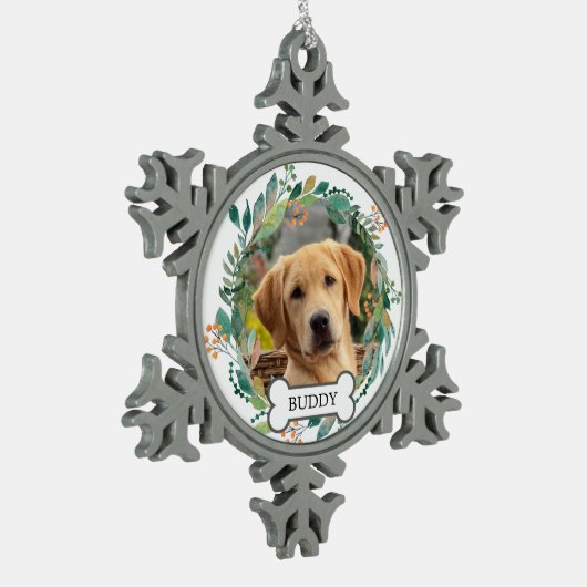 犬パーソナライズされたペット写真水彩リース スノーフレークピューターオーナメント (左)