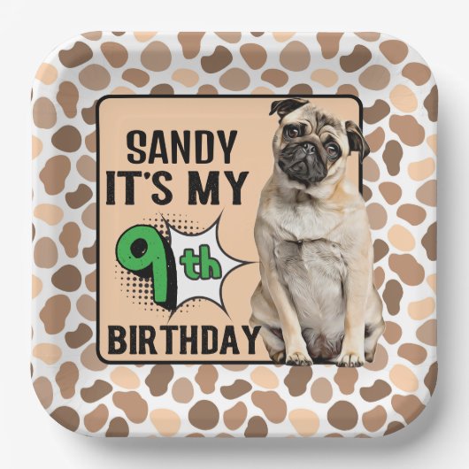 犬パーソナライズされた9th誕生日パーティー紙プレート ペーパープレート (正面)