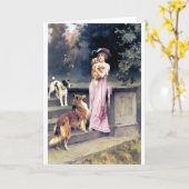 犬ビクトリアンペットの女性 カード (黄色い花)