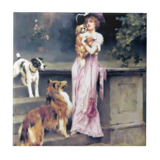 犬ペットを持つビクトリアンな女性 タイル