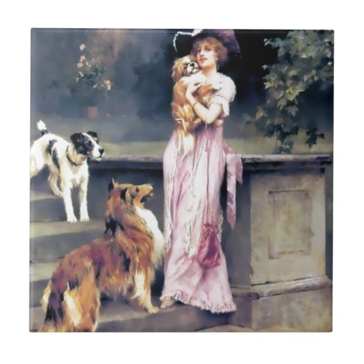 犬ペットを持つビクトリアンな女性 タイル (正面)