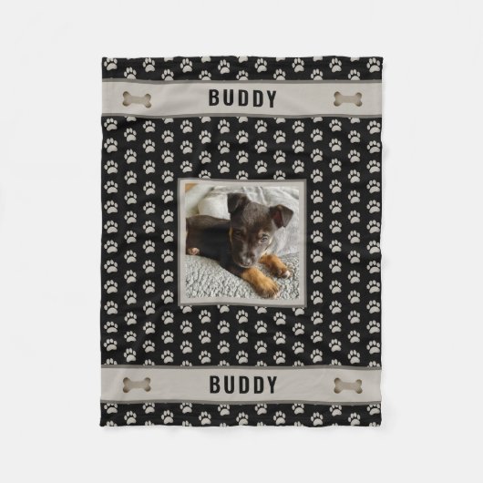 犬ペットラバーフォトポープリントブラックグレー フリースブランケット (正面)