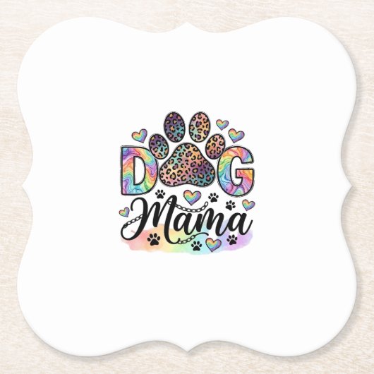 犬ママパウヒョウ柄レインボー水彩ハート_1 ペーパーコースター (正面)