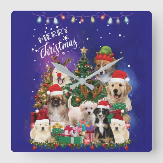犬メリークリスマスライト スクエア壁時計 (正面)