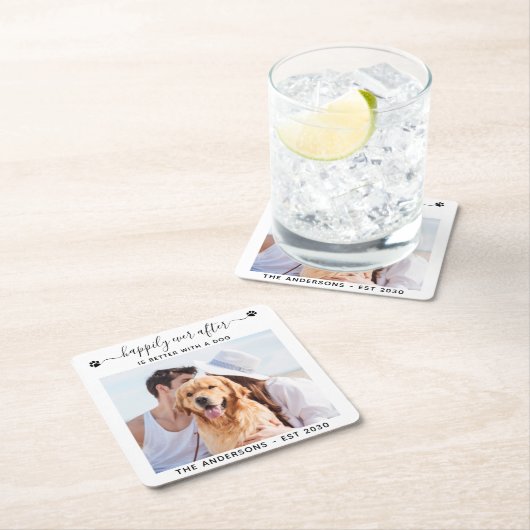 犬モダンのペットの後を楽しく撮結婚影 スクエアペーパーコースター (インサイチュ)