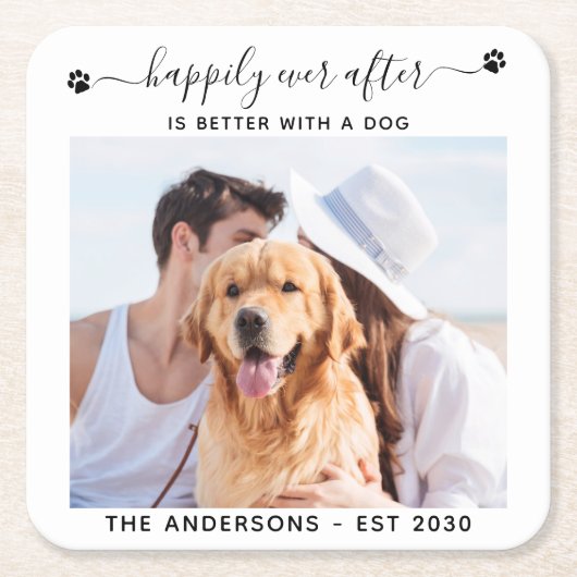 犬モダンのペットの後を楽しく撮結婚影 スクエアペーパーコースター (正面)