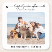 犬モダンのペットの後を楽しく撮結婚影 スクエアペーパーコースター (正面)