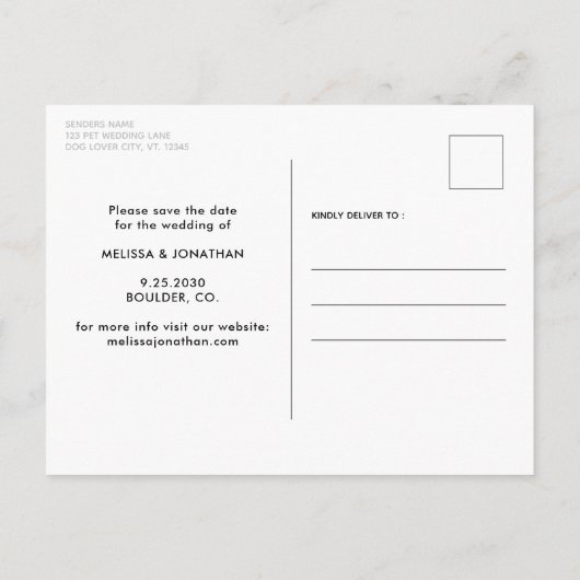 犬モダンの結婚ペットカスタムの写真デートを保存 案内ポストカード (裏面)