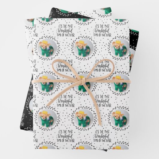 犬モダン恋人3枚の写真クリスマスホリデー ラッピングペーパーシート (インサイチュ)