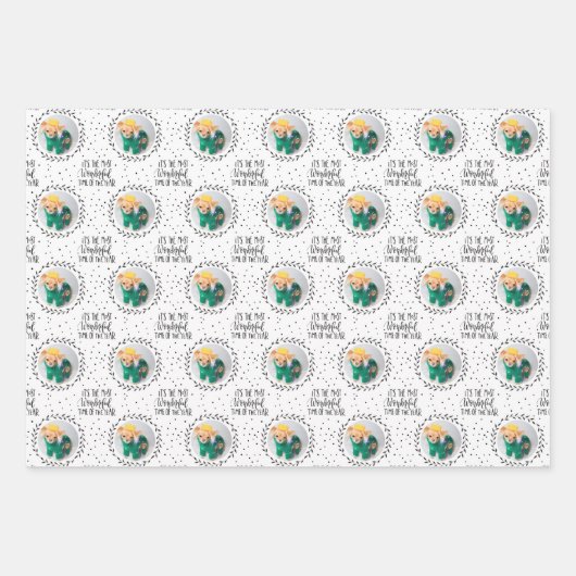 犬モダン恋人3枚の写真クリスマスホリデー ラッピングペーパーシート (正面)