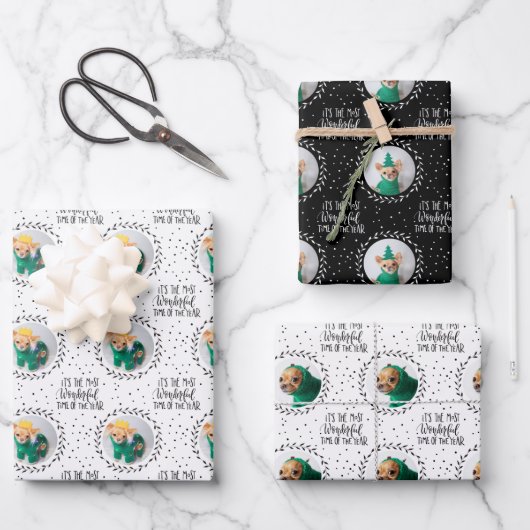 犬モダン恋人3枚の写真クリスマスホリデー ラッピングペーパーシート (正面)