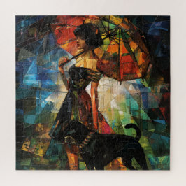 犬付き傘の女性 ジグソーパズル