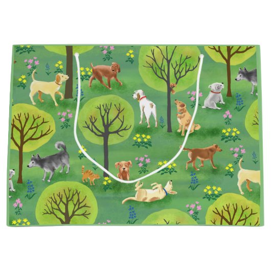 犬公園のギフトバッグのかわいい犬 ラージペーパーバッグ (正面)