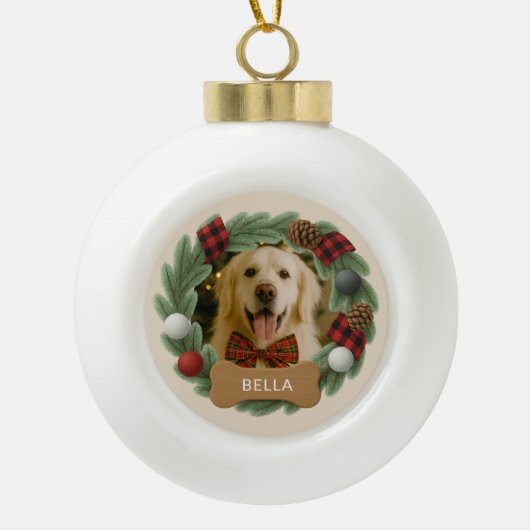 犬名フォトホリデークリスマスプカスタムライド セラミックボールオーナメント (正面)