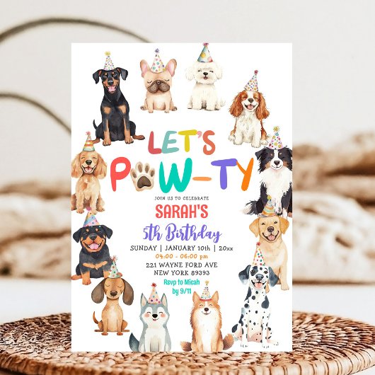 犬好きな子供の誕生日をお祝い Let's Pawty 招待状