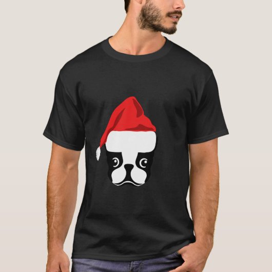 犬好きのためのクリスマスギフト 面白いサンタ帽 ボストン Tシャツ (正面)