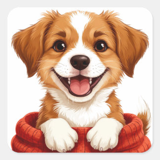 犬好きのためのマフラーをしたかわいい子犬 スクエアシール
