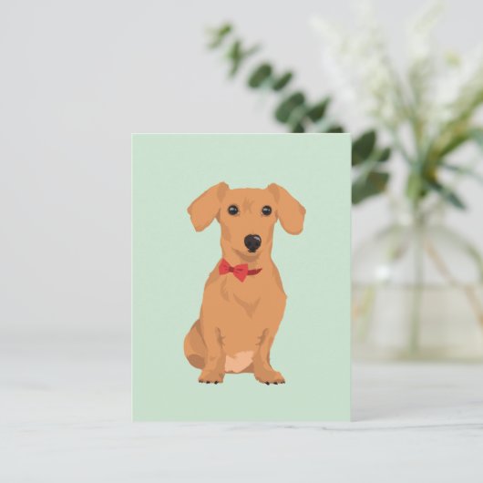 犬好きのための首飾りリボンが付いたかわいいタン色のダックスフンド ポストカード (スタンド正面)