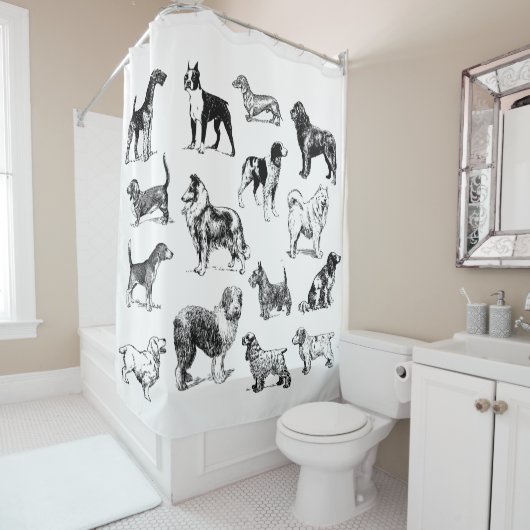犬好きのヴィンテージ白黒犬が繁殖 シャワーカーテン (インサイチュ)