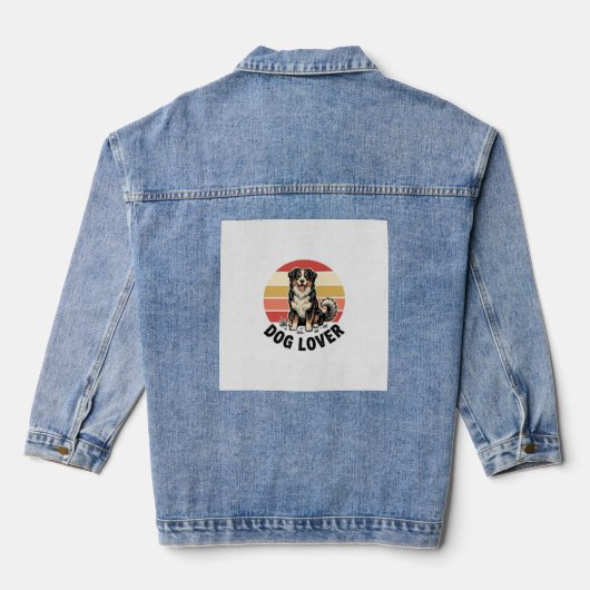 犬好きビンテージ彫刻 かわいい犬の夕焼けデザイン デニムジャケット (裏面)