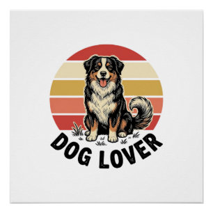 犬好きビンテージ彫刻 かわいい犬の夕焼けデザイン ポスター