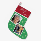 犬好きモダン2枚の写真クリスマスネームレッドグリーン スモールクリスマスストッキング (正面 (吊り時))