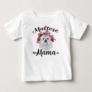 犬好き かわいいマルチーズママ犬フラワーズ花模様 ベビーTシャツ