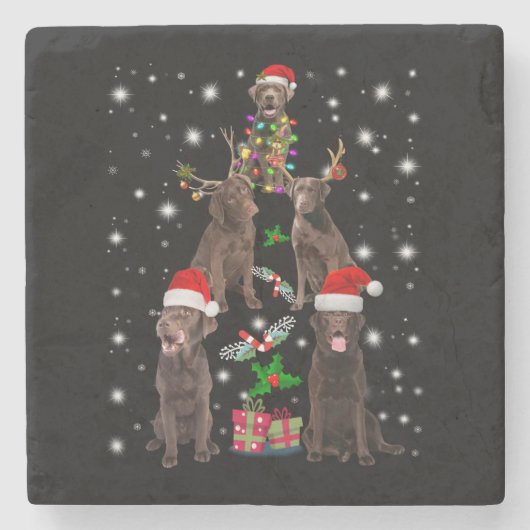 犬好き |チョコレートラブラドールクリスマスツリー ストーンコースター (正面)