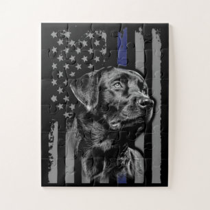 犬好き  ブラックラブラドールアメリカ国旗の細線 ジグソーパズル