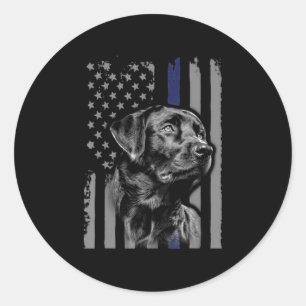 犬好き ブラックラブラドールアメリカ国旗の細線 ラウンドシール